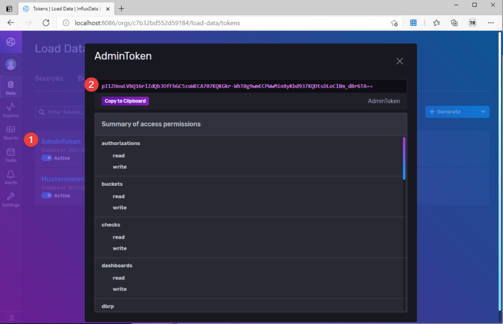 influxdb 管理员令牌